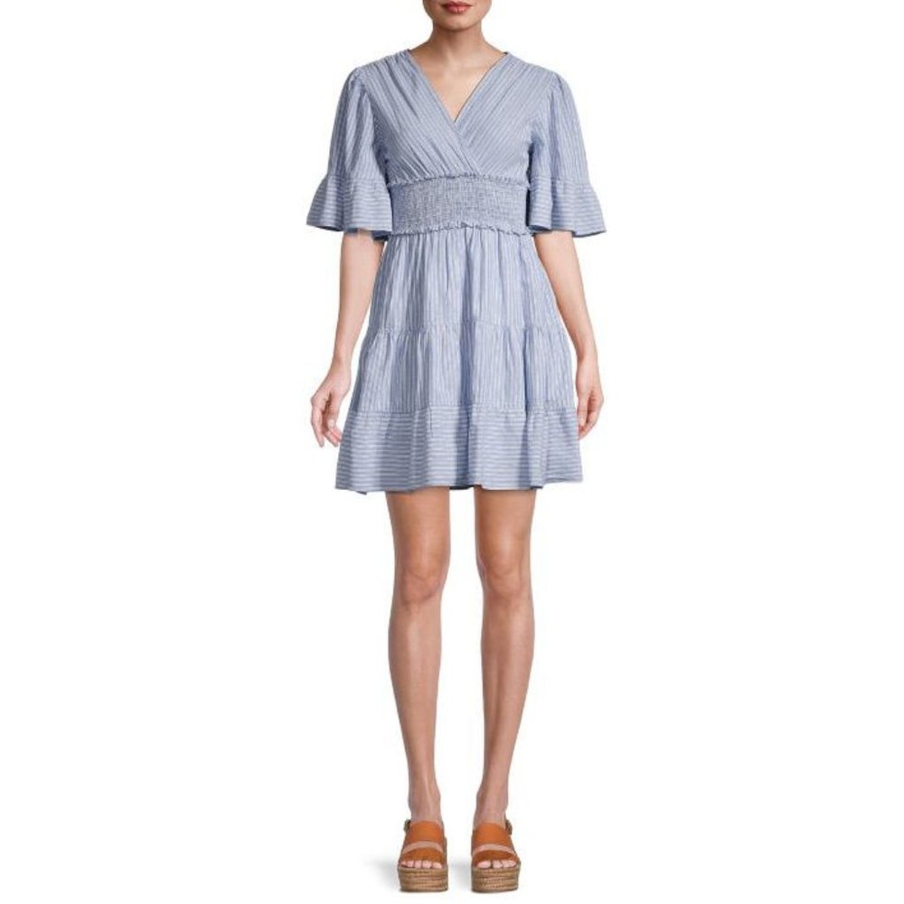 MAX STUDIO Blue Smoked Gingham Tiered Cotton Dress